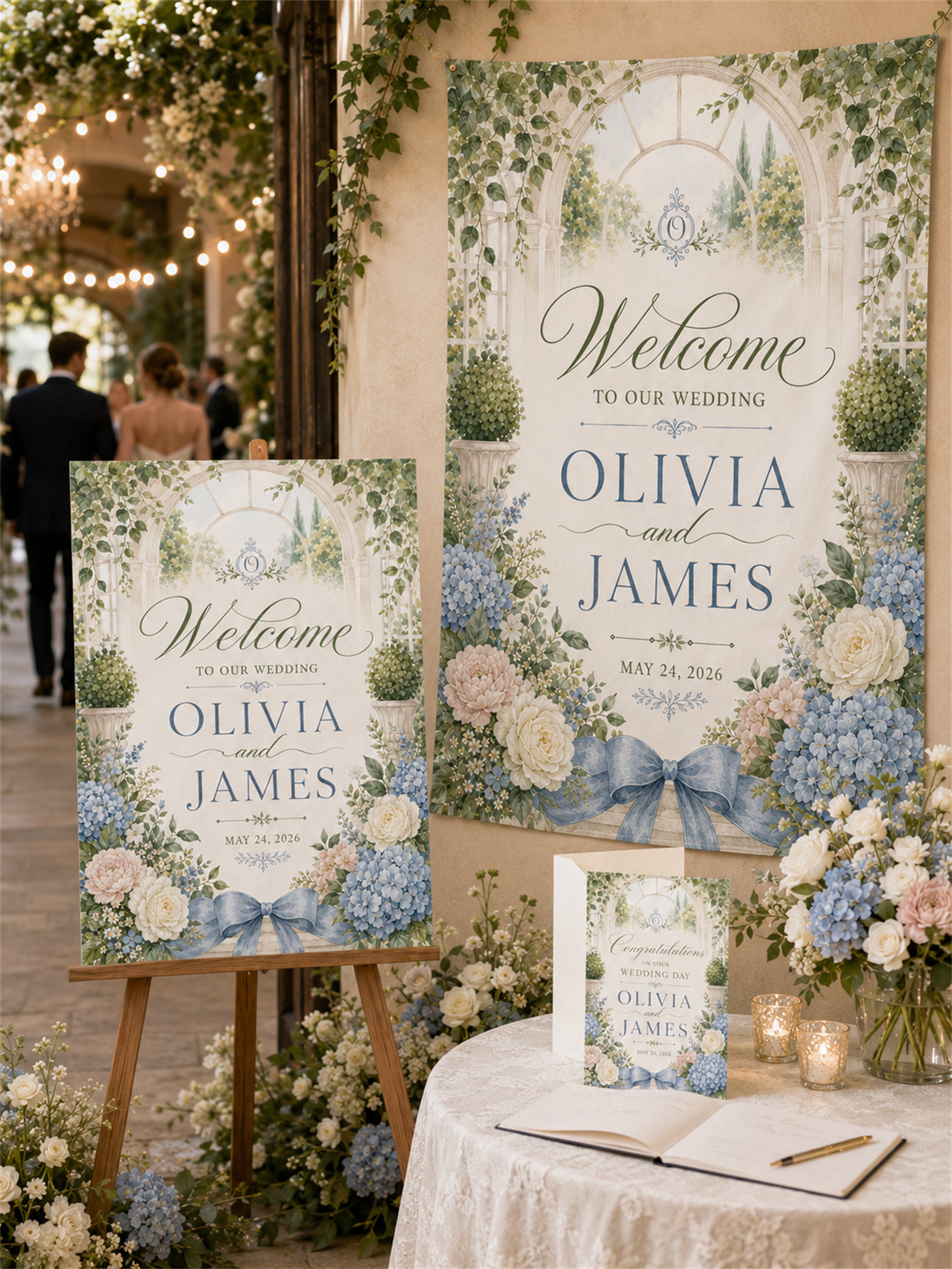 Gray-blue and romantic wedding decorations - garden arch design - custom names and dates